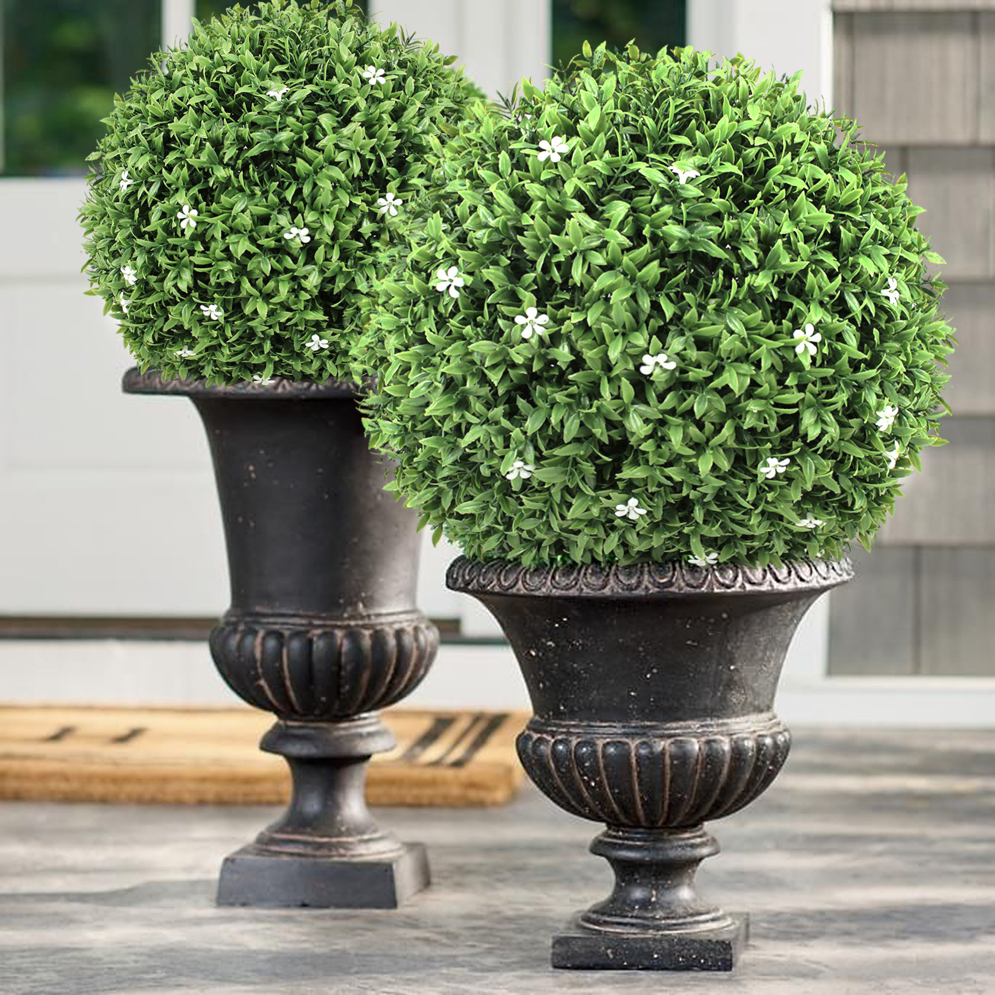 Indoor 15 in. Artificial Boxwood Topiary Ball Artificial Plant Ball with White Flower for Wedding Party Decoration