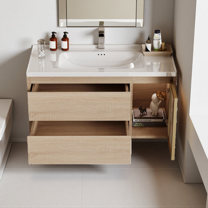 36'' Single Bathroom Vanity with Sintered Stone Top, Wall Mounted Vainty with Acrylic Door, U-Shaped Cutout Drawer