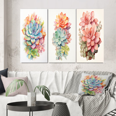 «Blossoming Succulent In Tender Retro Blue», 3 pièces sur toile
