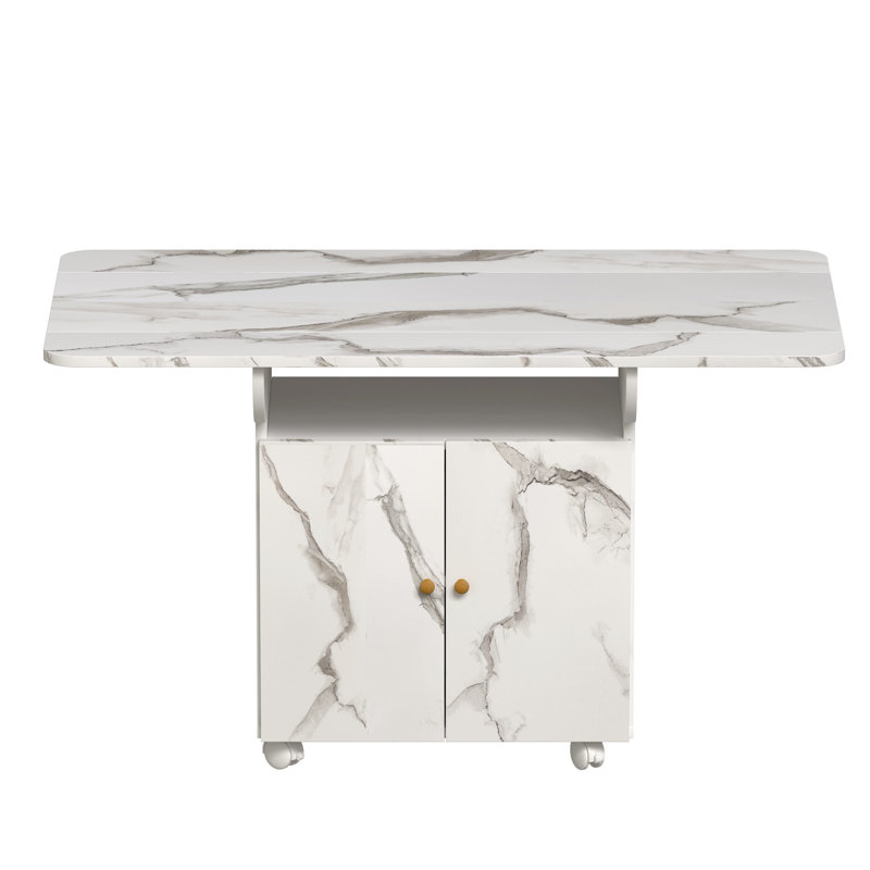 Table de salle à manger pliante en bois de 47 po avec support de rangement et armoire, table d'entrée amovible à 6 roulettes, îlot de cuisine en marbre blanc, table d'appoint et table basse Polyvalente