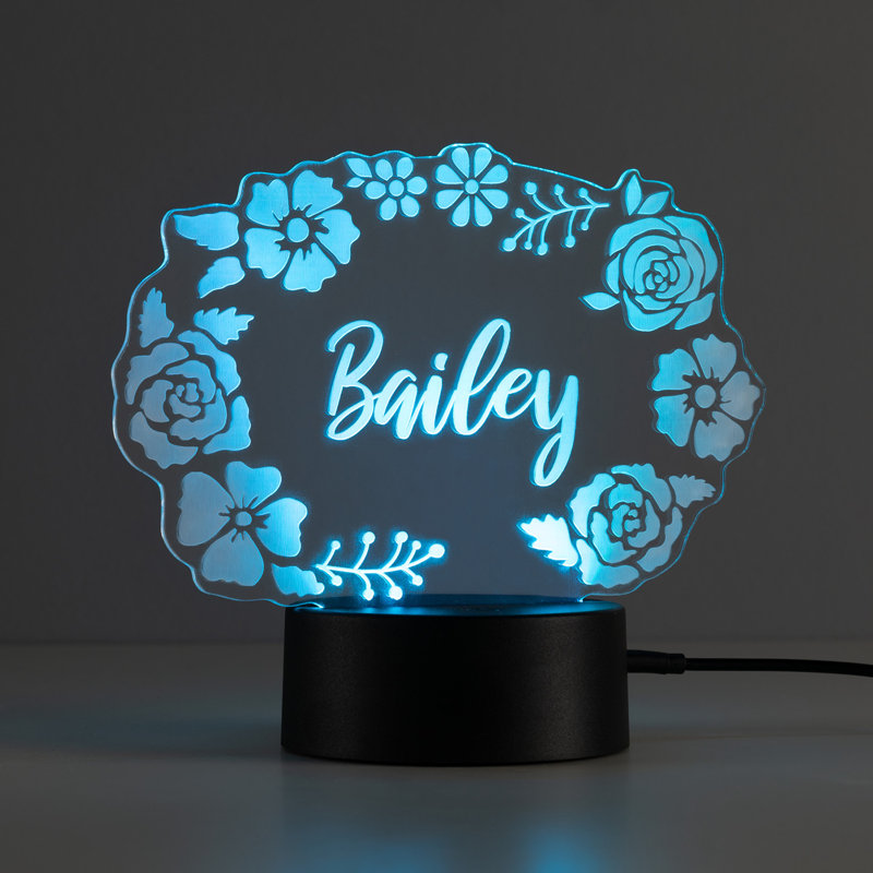 Floral LED Night Light with Custom Name Laser Engraved on Acrylic Design Insert