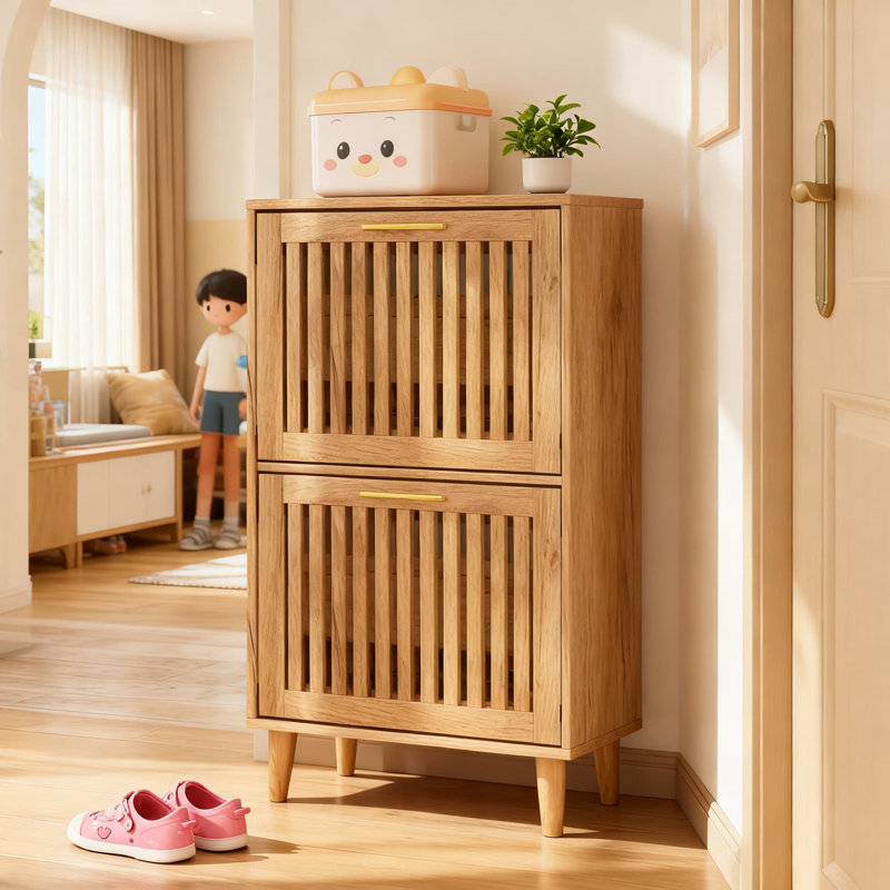 Armoire de rangement pour chaussures mince avec 2 tiroirs rabattables et portes à persiennes, organisateur de chaussures autoportant pour l'entrée, le couloir ou le salon, conception compacte pour les petits espaces