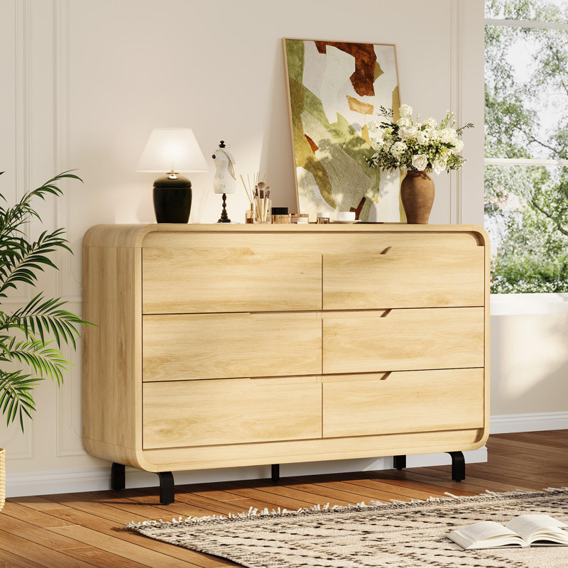 Commode 6 tiroirs 47 po en bois avec pieds amovibles et sans poignée, commode moderne, Naturel