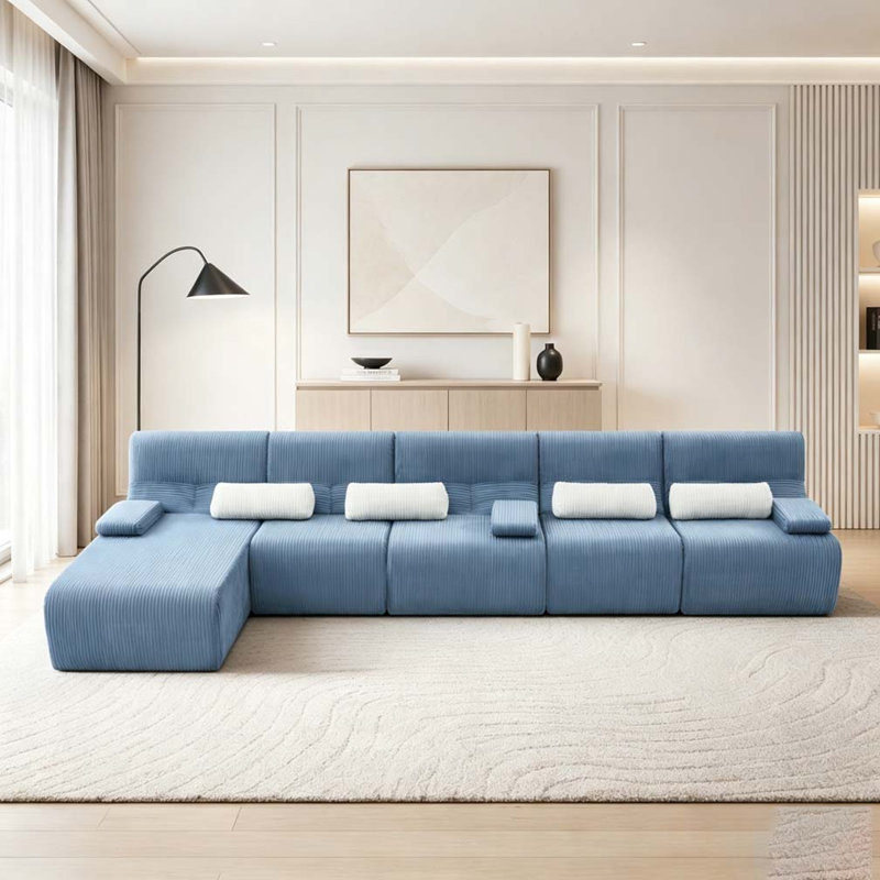 Canapé modulaire moderne en velours côtelé Canapé sans os, Blue+L-shaped+5 Seat