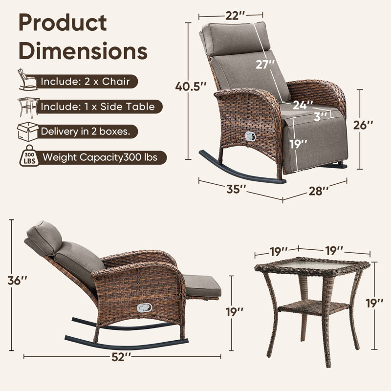 Chaises berçantes d'extérieur inclinables en osier avec coussins et table d'appoint 3 pièces Asenpark, Gris