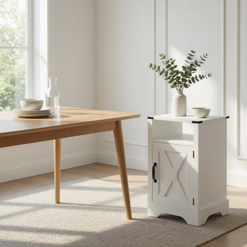 Table de chevet 16 po blanche avec station de charge, armoire de rangement à portes en X et table de bout à tablette ouverte