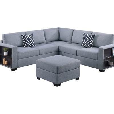 Contemporary Functional Sectional Sofa 4Pc Set Boucle Couch Loveseat W Built-In Shelfs Wedge, Ottoman Living Room Furniture L-Shaped Design Couch