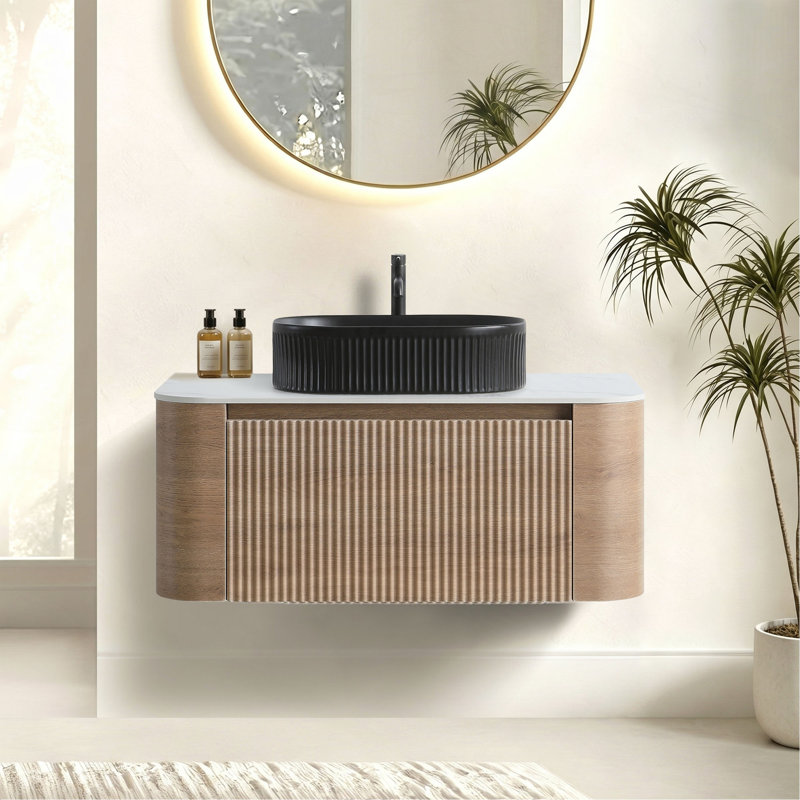 Meuble-lavabo Erba 36 pouces avec lavabo, armoire murale couleur miel avec porte-serviettes offert, lavabo ovale noir à rayures en céramique, sans bonde ni robinet, préassemblé