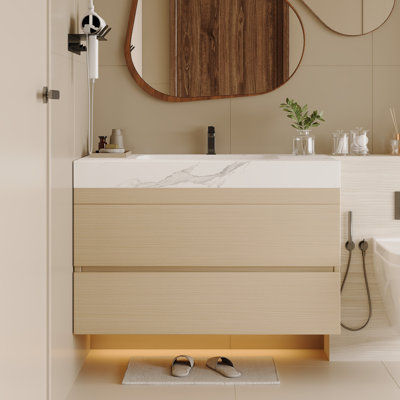 Meuble-lavabo flottant moderne 29,9 po avec comptoir en faux marbre et lavabo encastré en céramique, fixation murale pour petites salles de bain et appartements