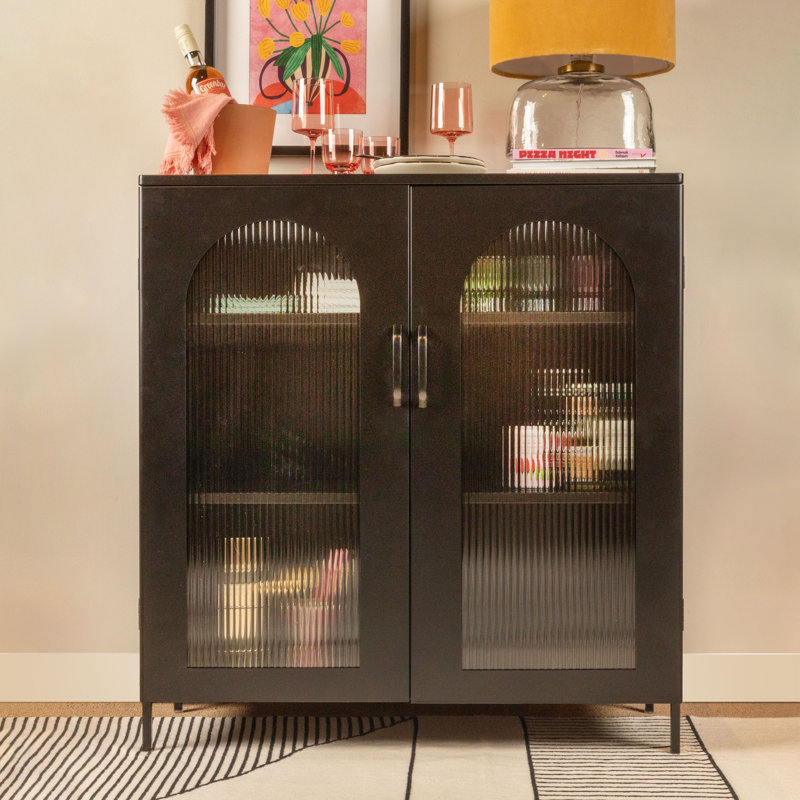 Solstice Wide Metal Accent Cabinet with 2 Adjustable Storage Shelves and Arched Glass Door, Black