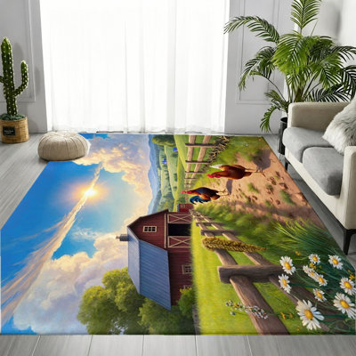 Farmhouse Pastoral Chicken Farm Landscape Area Rug, Vivid Rooster Hen Countryside Scene Pattern, Soft Durable, Machine Washable Non-Slip Floor Carpet, Stylish Indoor Home Decor for Living Room, Bedroom, Kitchen, Entryway, Apartment