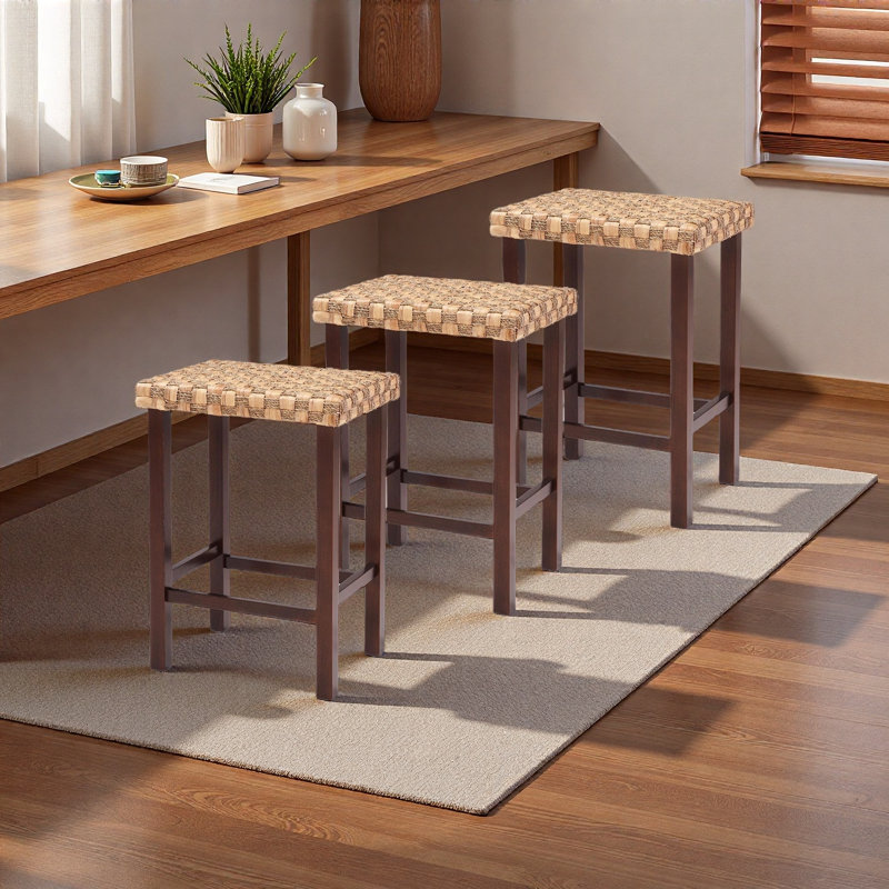 Ensemble de 3 tabourets de bar Seagrass tissés à la main - hauteur réglable de 26,3 po, pieds en bois d'hévéa massif, capacité de 250 lb, tabourets de comptoir rustiques pour îlot de cuisine