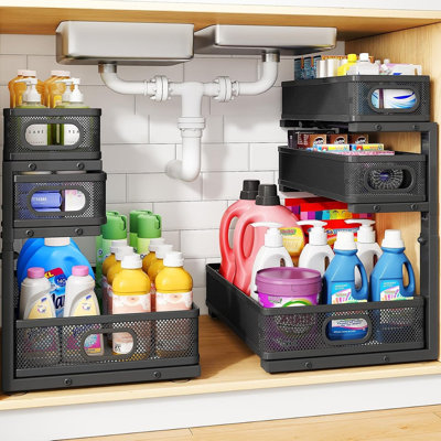 3-Tier Heavy-Duty Under Sink Organizer, Adjustable Pull-Out Metal Storage Rack with Sliding Drawers for Kitchen, Bathroom, Pantry & Laundry, 2-Pack, Black