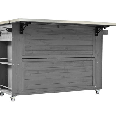 Îlot de cuisine extérieur gris - Fabrication en bois de sapin de qualité, plateau en acier inoxydable, options de rangement, porte-serviettes, ouvre-bouteille à épices, roues verrouillables pour une utilisation efficace, bois, acier, espace spacieux