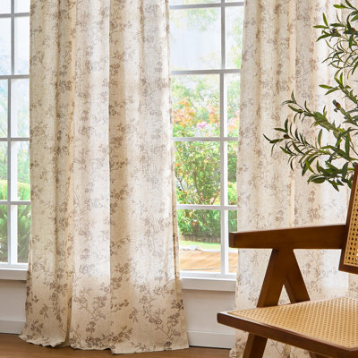 Linen Farmhouse Curtains Taupe Floral Curtains 63 Inch Long Back Tab Drapes For Living Room Bedroom Light Filtering Country Vintage Rod Pocket Curtain, 2 Panels, Taupe On Beige