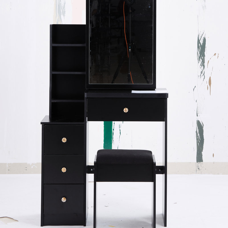 Meuble-lavabo noir American Design avec tabouret rembourré et très grand miroir, Noir