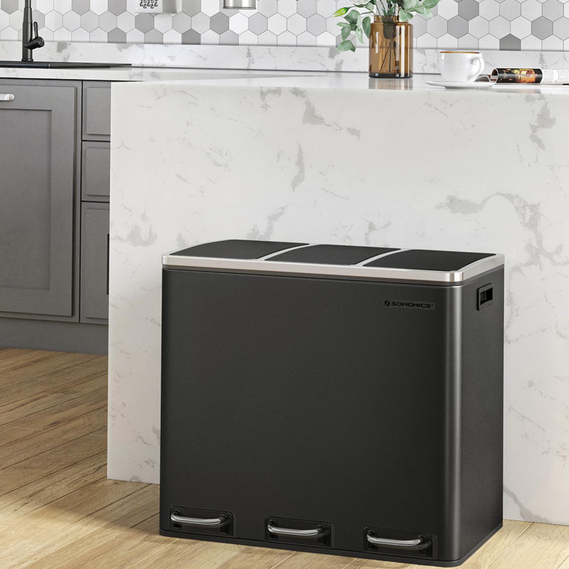 Fingerprint Resistant 14.4 Gallon 3-Compartment Stainless Steel Pedal Trash Can, Nickel