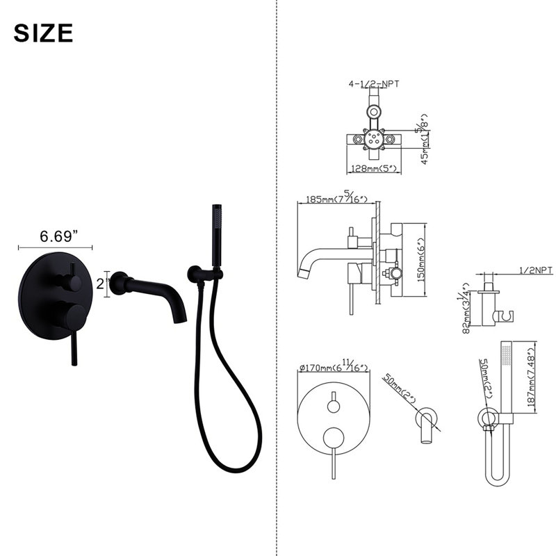 2 Handles Matte Black Tub And Shower Faucet - Brass Construction, -Balanced, Rust Resistance, Handheld Shower, Gpm, Nickel , Includes Mounting Clips Screws Wall Mounted For With Solid Brass,