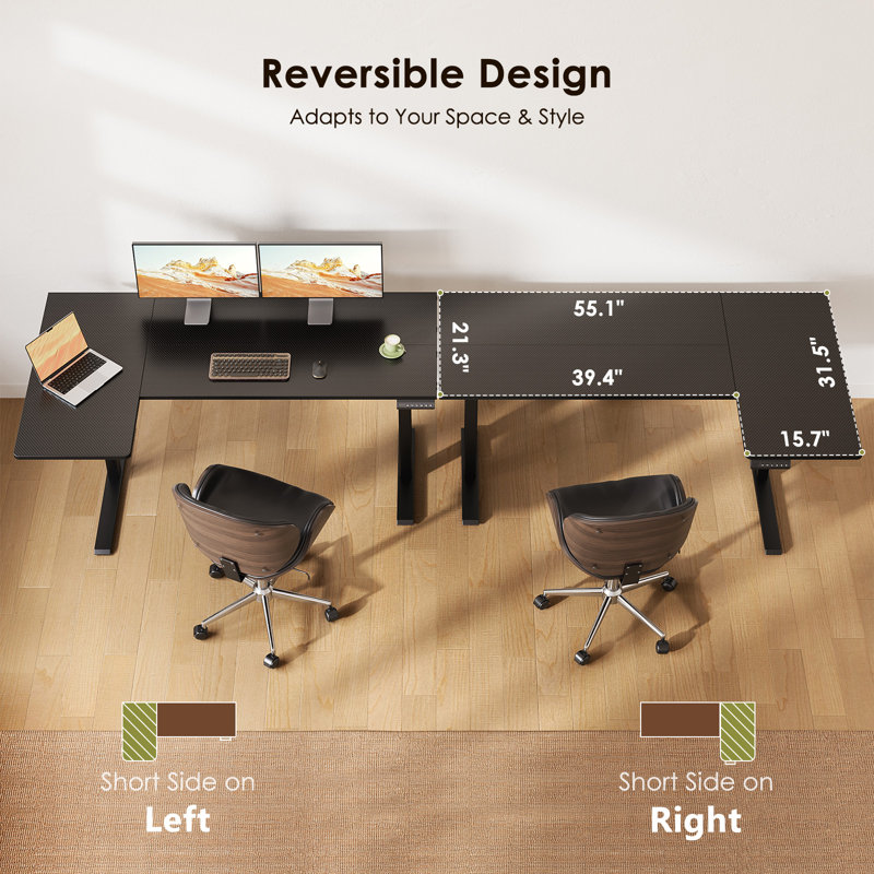 L-shaped Standing Desk With Electric Lift And Memory Presets, Corner Computer Desk With Reversible Design, Home Office Desk With Spacious Work Surface, Height-adjustable Desk With Storage Hook