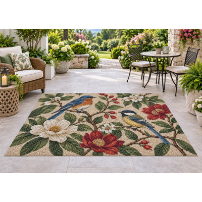 Tapis d'extérieur 152 x 213 cm (5' x 7') à motif mésange bleue et magnolia, en PVC épais et imperméable, à boucles, idéal pour terrasse, balcon, entrée, VR ou autre espace extérieur. Séchage rapide.