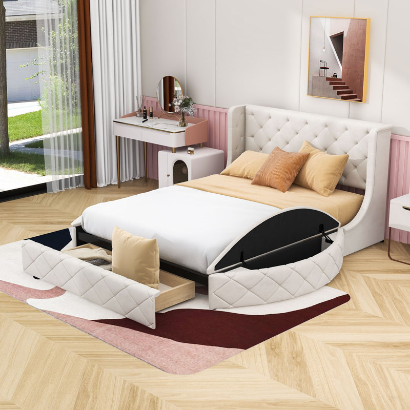 Lit plateforme tapissier avec 1 tiroir et 2 tabourets de rangement latéraux Asruddin, Beige