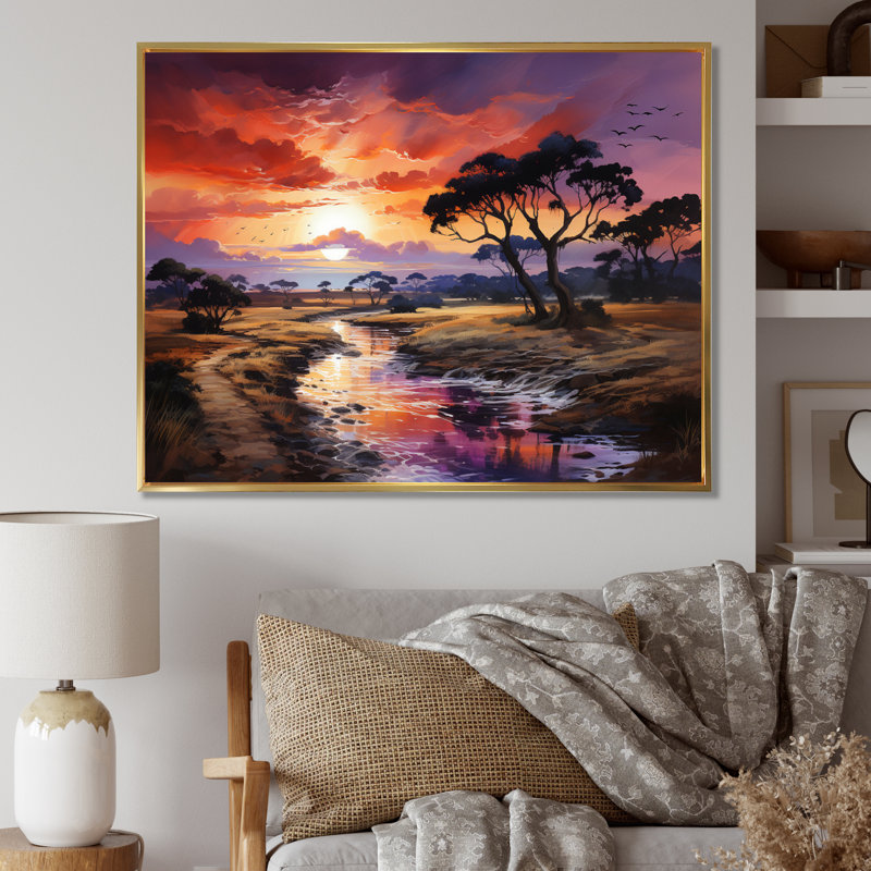 Coucher de soleil africain sur un Serengeti sur toile, H 24 po x l 32 po x P 1 po, Cadre flottant doré