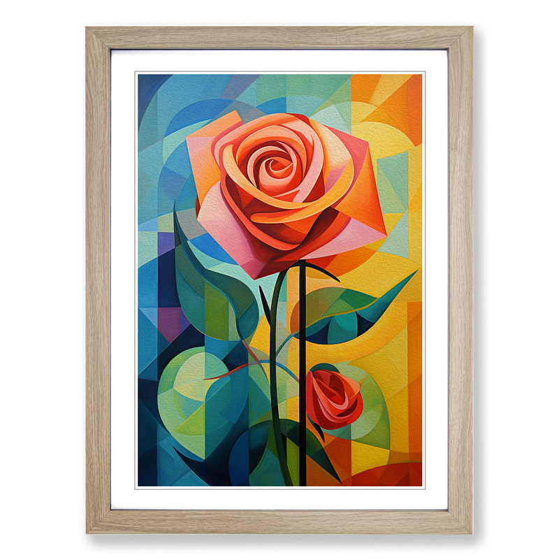 Rose Cubism - Single Picture Frame Print on Wood, Oak, 34cm H x 25cm W x 2cm D