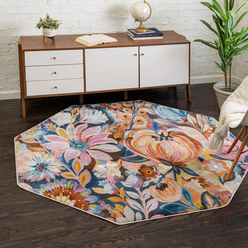 Tapis bleu / orange / rose Clydine, Octogone 6 pi x 6 pi