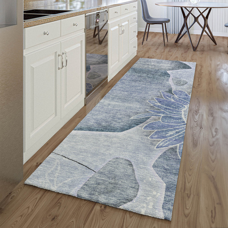 Premium Machine Washable Prisco Blue Rug, Runner 2'3" x 7'6"