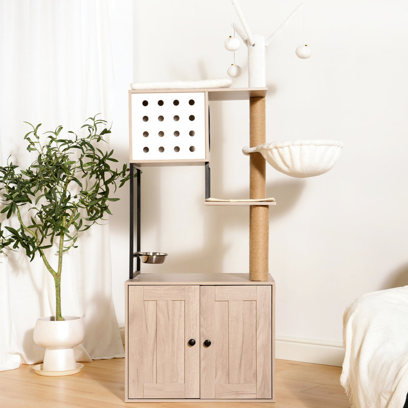 Chat gris avec bac à litière et zone d'activité intégrés, fonction 3-en-1, poteaux à griffer, tapis d'alimentation amovible, facile à nettoyer, arbre de conception américaine, bol confortable, fabriqué en