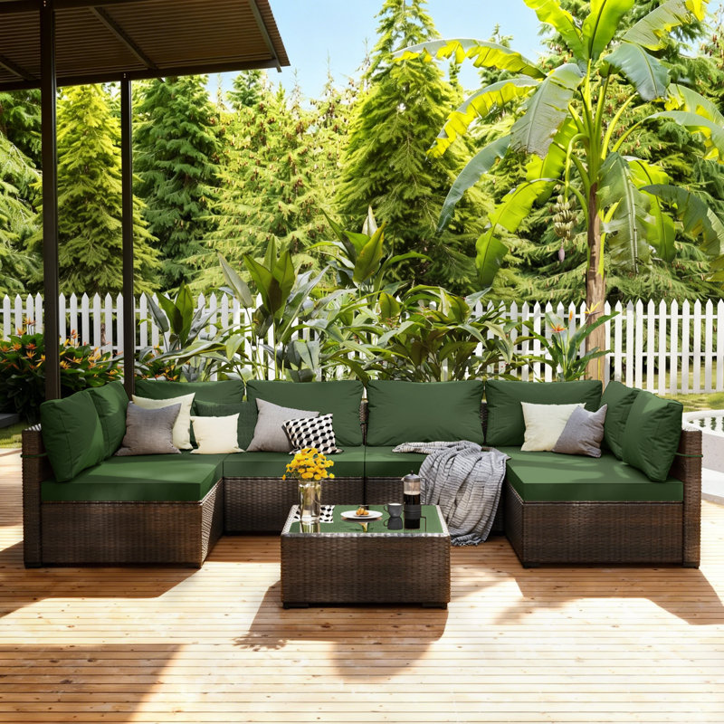 7-piece wicker patio conversation sets with cushions, Green