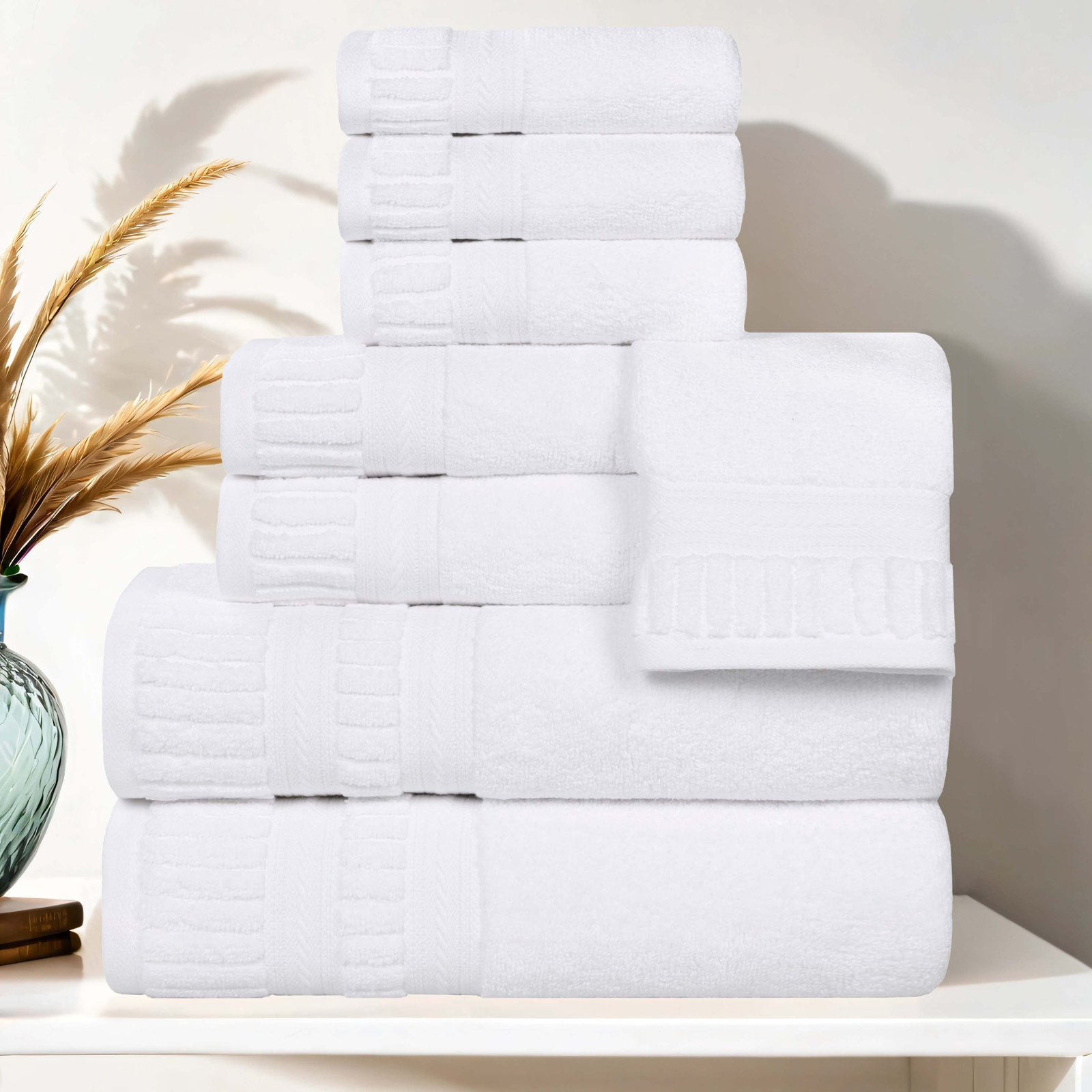 Zero-Twist Cotton Towel Set, White, 8 Piece Towel Set