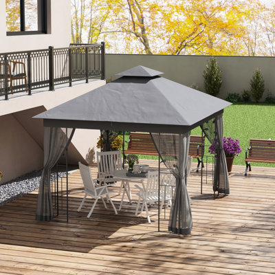 Pavillon de jardin 10 'x 11,5', double toit avec arbre identifié, gris, pour jardin, pelouse, cour arrière, tente de pavillon de jardin gris ventilé et motifs décoratifs