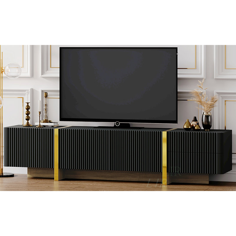 Luxury Fluted TV Stand For Tvs Up To 80 Inches, Modern Entertainment Center With Storage Cabinets & Drawers, Smooth Media Console With Golden Wood Grain Legs For Living Room, TV Stand