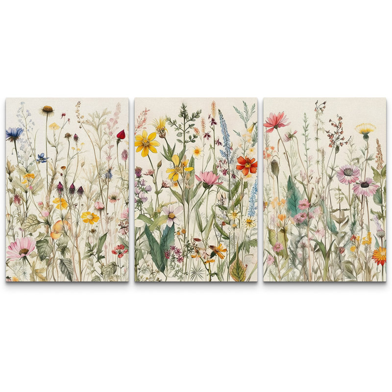 Vibrant Wildflower "Colorful Soft Floral Artwork, French Country Cottage Triptych Wall Pictures, Framed Canvas Giclée Print 3 Pieces Wall Art" 16"x24"x3 pcs, 24"x36"x3 pcs, 20"x60"x3 pcs