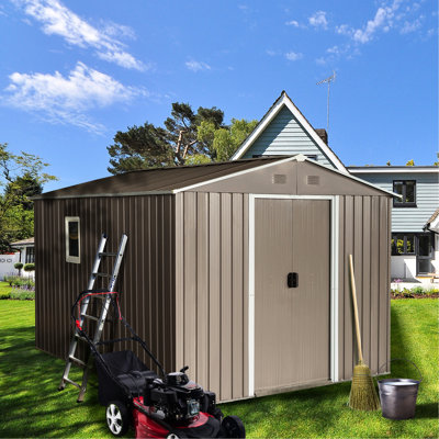 Grey 8ft X 10ft Metal Storage Shed With Foundation - Robust Galvanized Steel Build, Window, Punched Vents For Optimal Ventilation, Sliding Doors Padlock Easy Assembly Instructions Outdoor Door, And