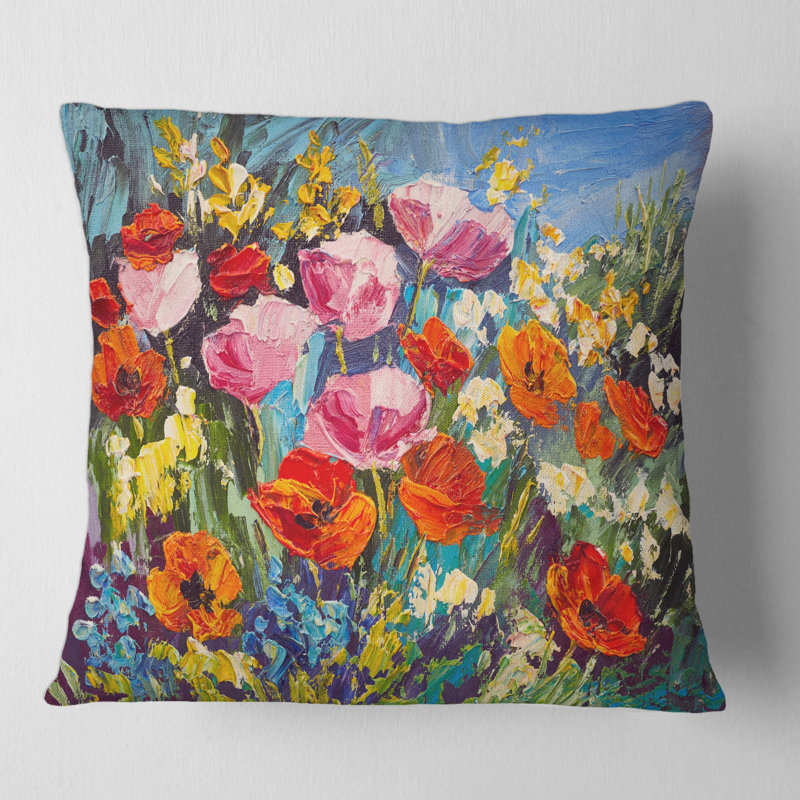 Fleurs printanières colorées - coussin traditionnel imprimé, 16" x 16"