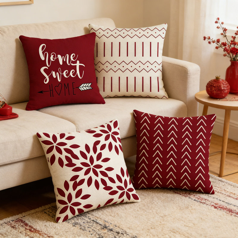 Set Of 4 Throw Pillow Covers 18X18inch Linen Geometry Square Pillow Cushion Case Throw Pillowcase Hidden Zipper Design, R