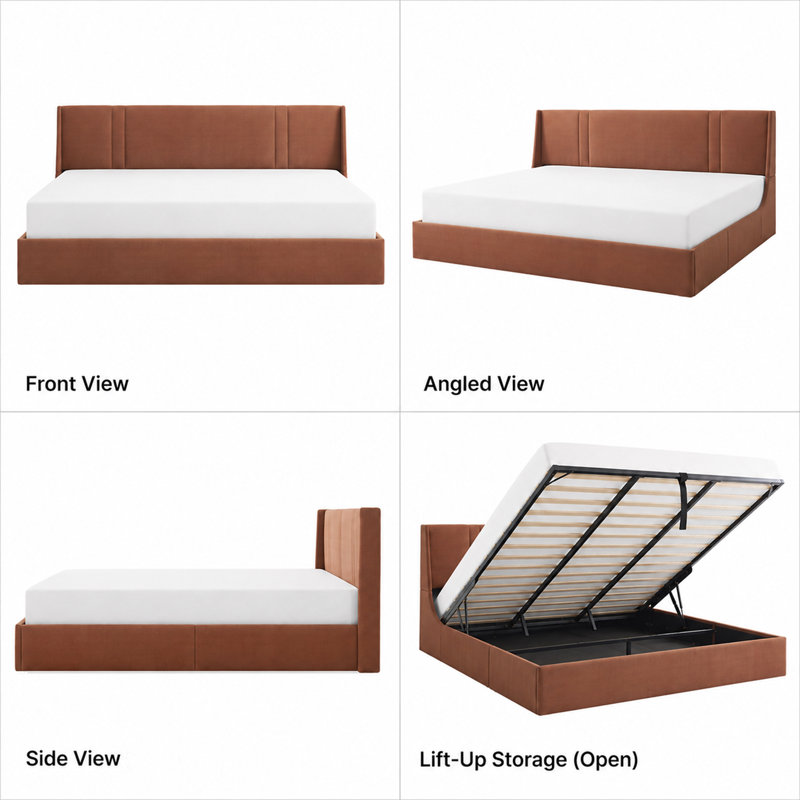 41.7" Velvet Curved Wingback King Bed Frame with Hydraulic Lift, No Box Spring Needed, Ocher, Ocher, King