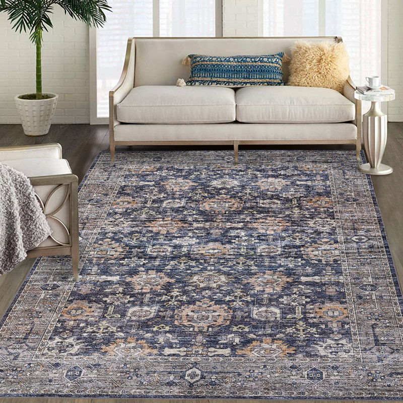 Washable Area Rug for Living Room Boho Vintage Rug Non Slip Throw Rugs Floral Bedroom Rug, Rectangle 6' x 9'
