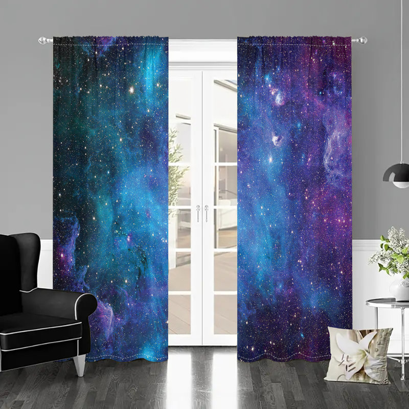 2Pcs Galaxy Nebula Stars Space Universe Curtains Cosmic Blue Purple Print Rod Pocket Drapes Thermal Insulated Window Treatment Panels for Living Room Bedroom Home Decor