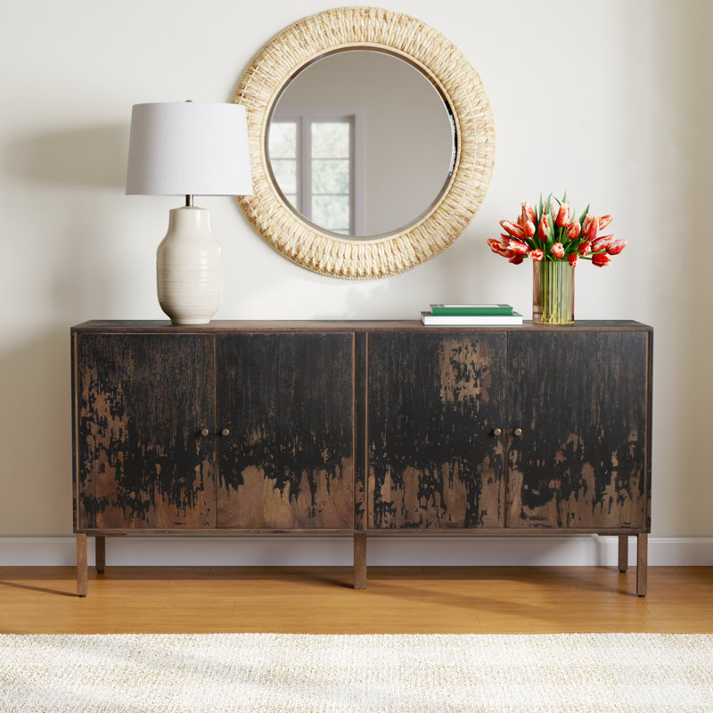 Black and Brown Solid Mango Wood Sideboard with Gold Hardware
