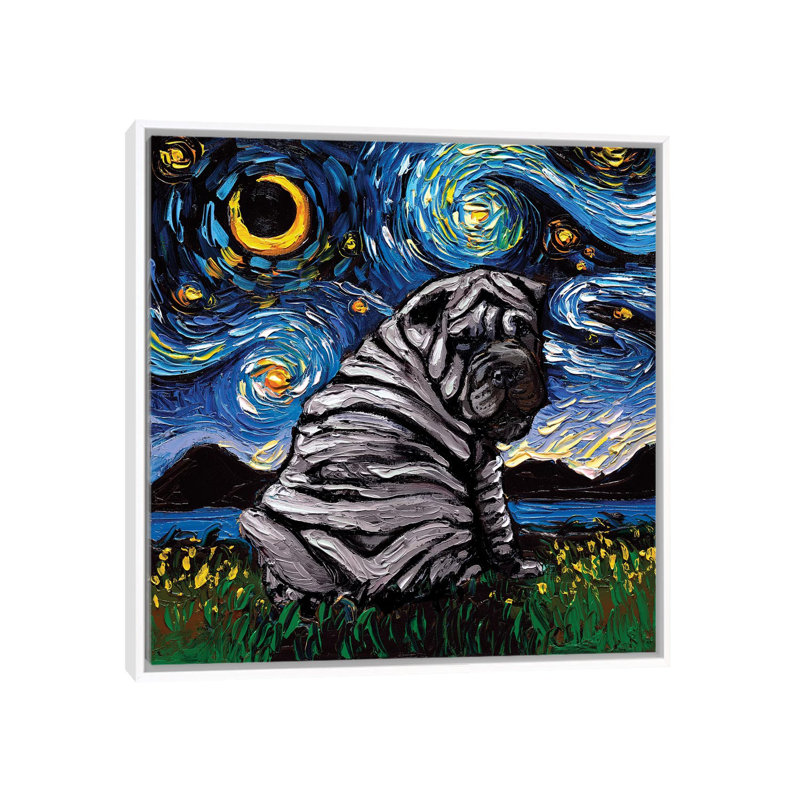 Blue Shar-Pei Night par AJA trier-reproduction d’art, Pas de tapis, H 37 po x l 37 po x P 1,5 po, Toile blanche encadrée