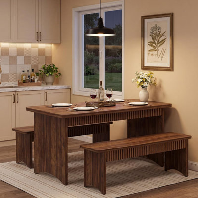 Ensemble de table de salle à manger 3 pièces avec 2 bancs, table de salle à manger en bois massif de style campagnard, sièges peu encombrants pour 4 à 6 personnes, ensemble de salle à manger rustique pour maison, appartement et café