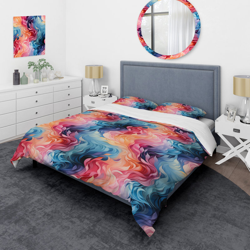 Ensemble de housse de couette abstrait rose et bleu, Housse de couette simple + 1 taie décorative stan