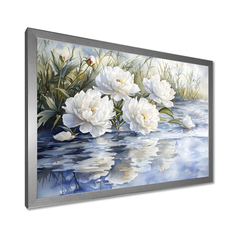 Olinger, pivoines blanches par l'étang gelé I - pivoines, art mural, Reproduction encadrée d'une seule photo, Argent argent