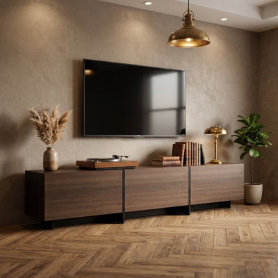 71.7" Minimalist TV Stand With Hidden Storage And Sturdy Metal Hinges, Dark Walnut
