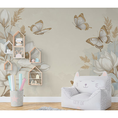 Papier peint papillon et fleur - pivoines roses, accents dorés, aquarelle élégante pour chambre d'enfant  