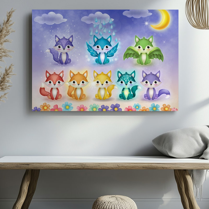 Toile, une scène fantaisiste mettant en vedette une grille de dix adorables renards magiques, chacun avec des élements uniques