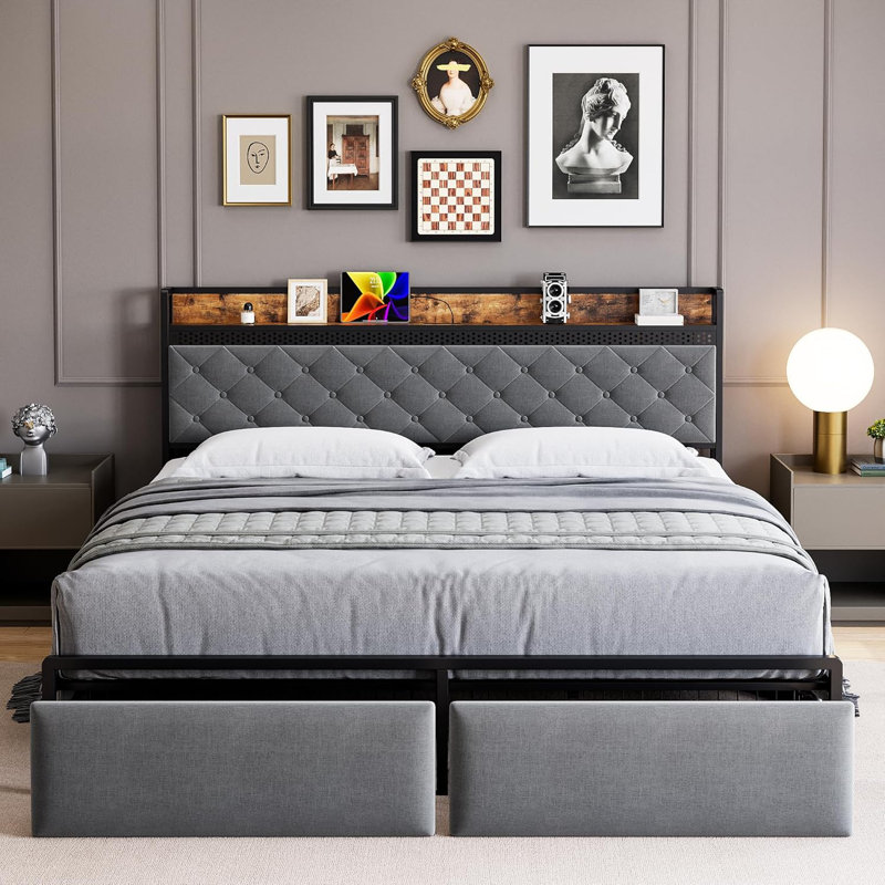 Axyl Bed Frame with 2 Storage Drawers, LED Bed Frame with 2-Tier Storage Headboard&Charging Station, Metal Platform Bed Frame, No Box Spring Needed